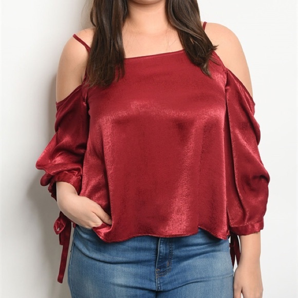 Plus size 3/4 sleeve cold shoulder satin blouse - Picture 1 of 2